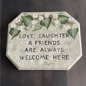 Love, Laughter & Friends Are Always Welcome Here Wall Plaque Green NEW 11 x 9in.